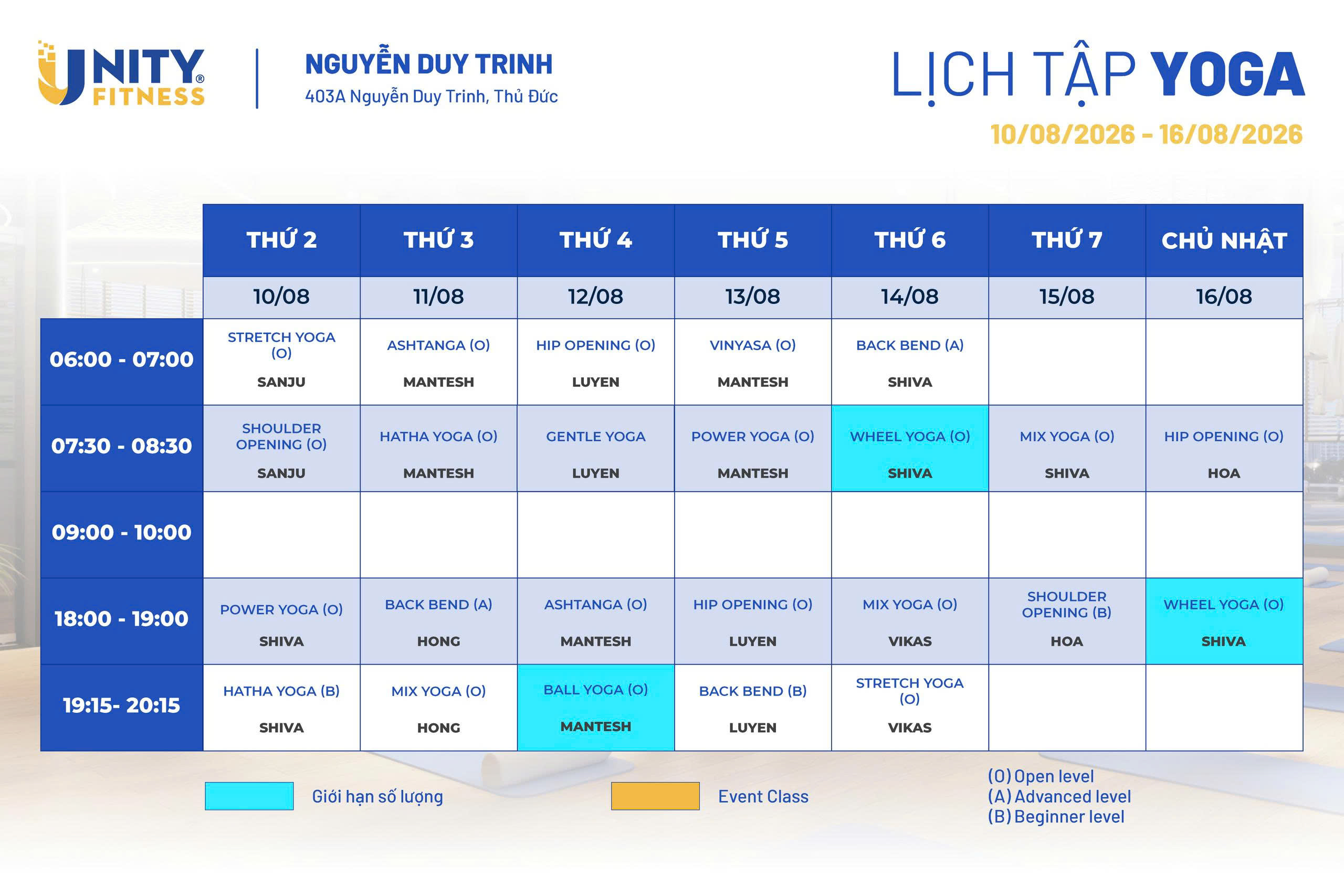 Lịch tập Yoga - Unity Fitness 403 Nguyễn Duy Trinh