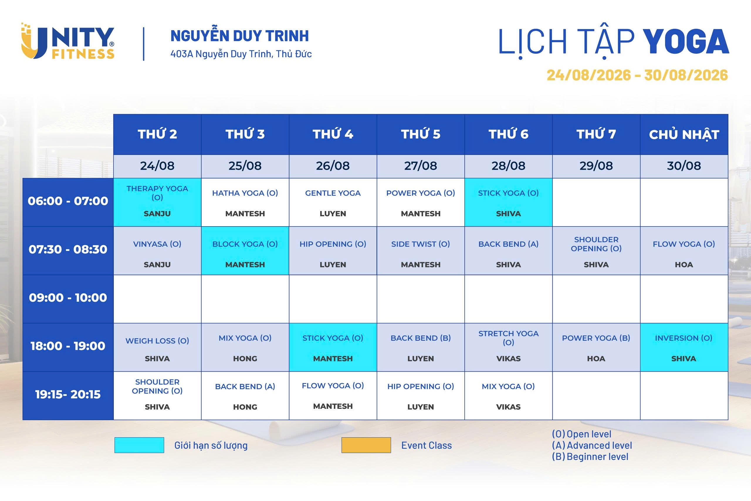 Lịch tập Yoga - Unity Fitness 403 Nguyễn Duy Trinh
