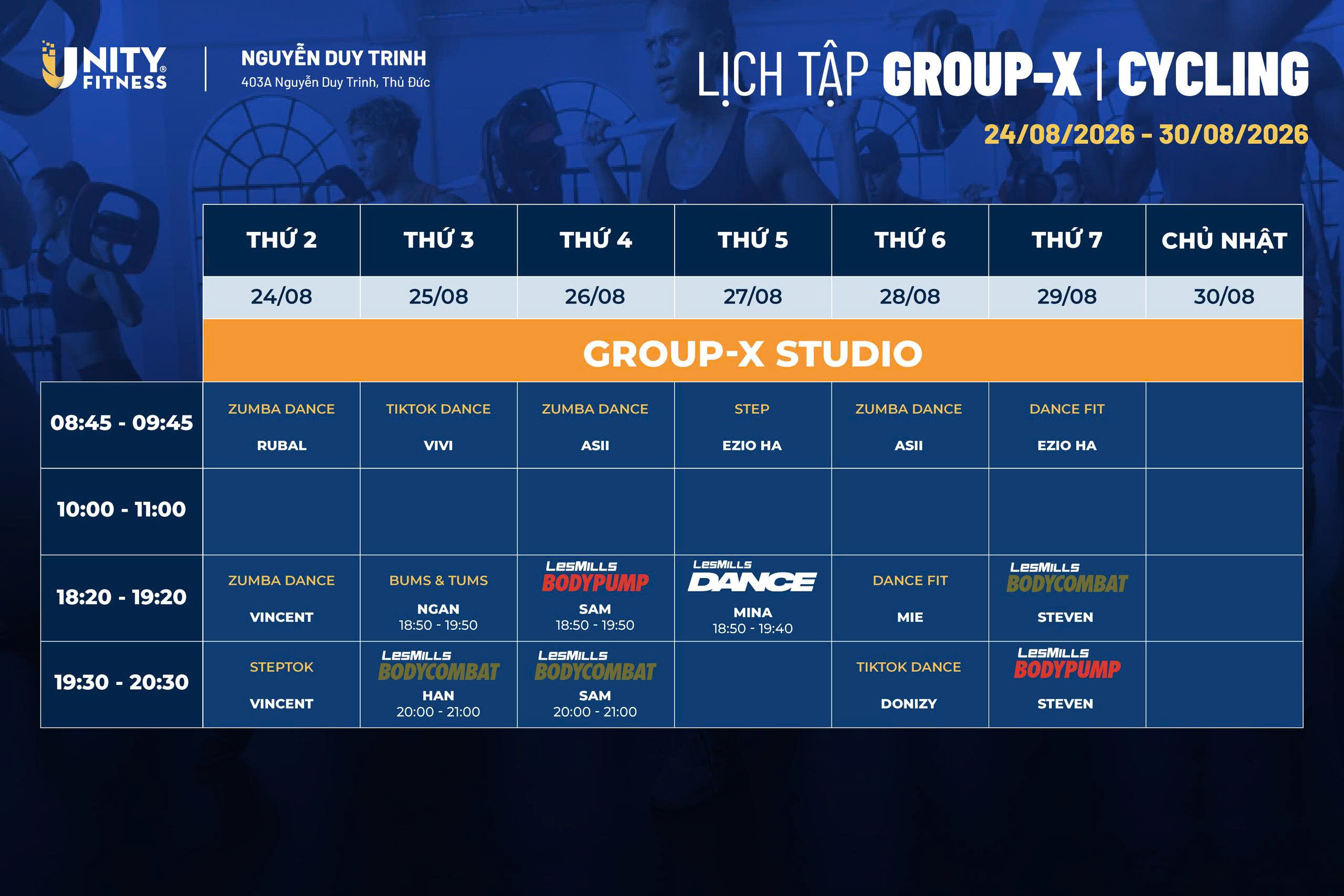 Lịch tập GroupX & Cycling - Unity Fitness 403 Nguyễn Duy Trinh