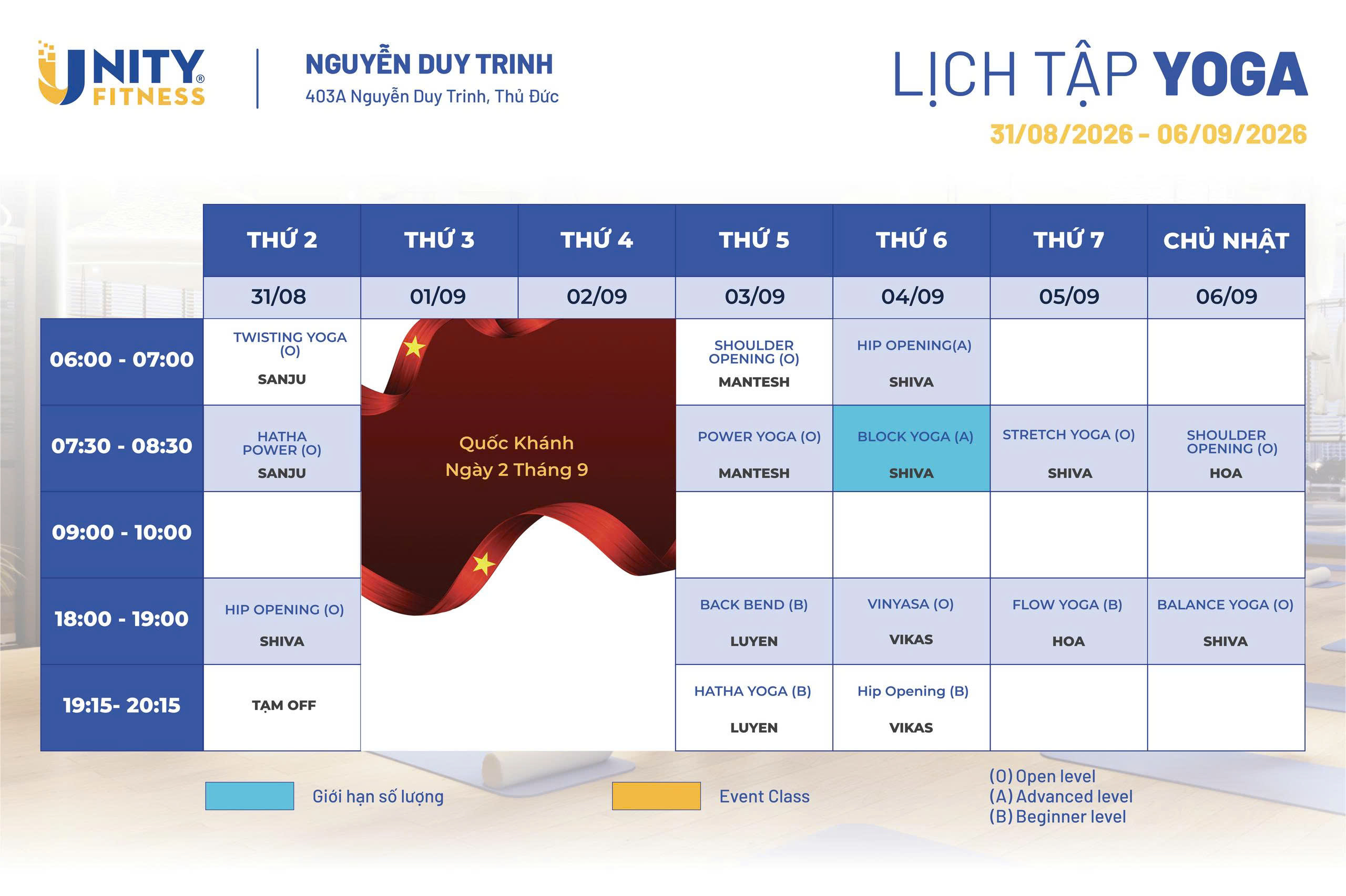 Lịch tập Yoga - Unity Fitness 403 Nguyễn Duy Trinh