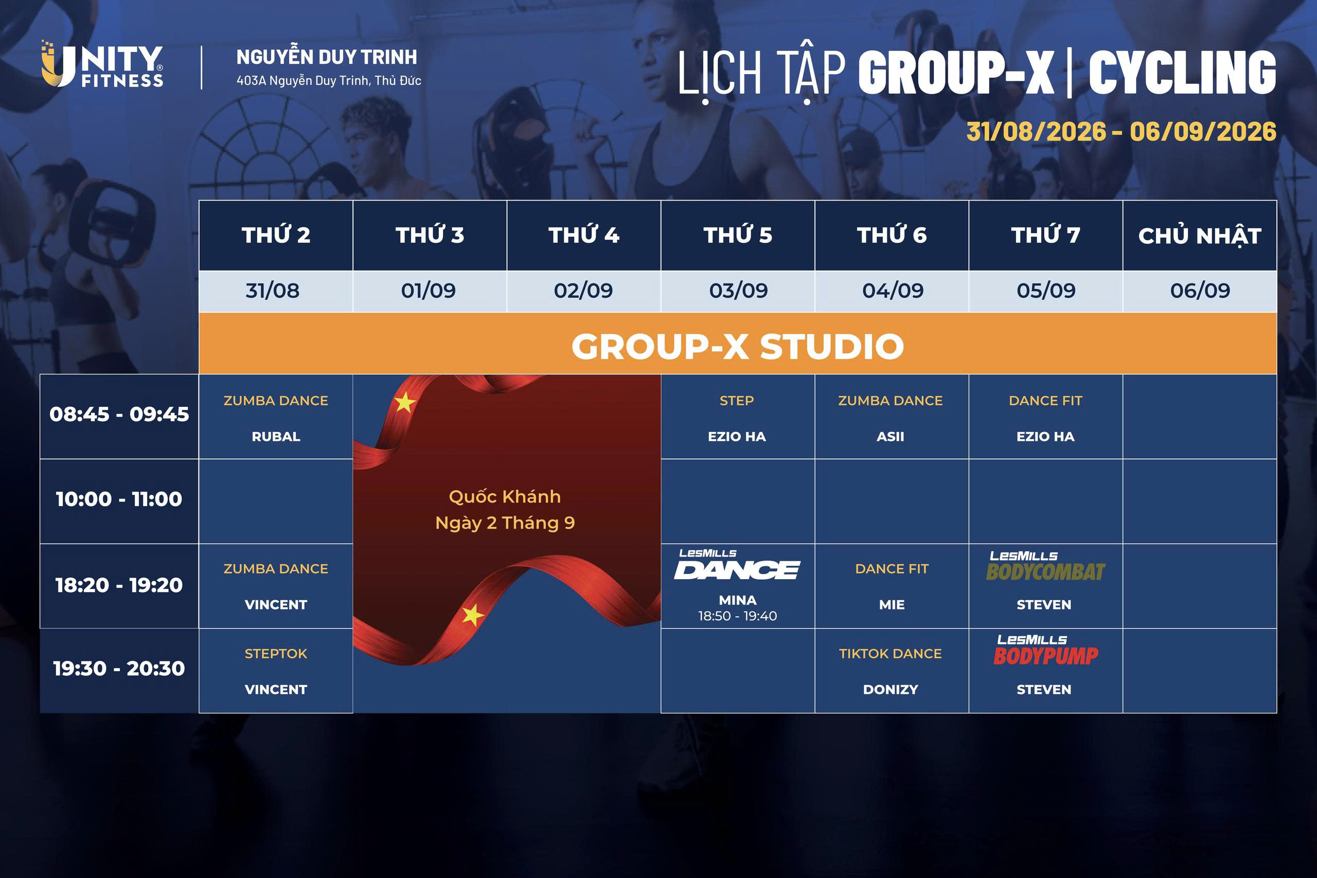Lịch tập GroupX & Cycling - Unity Fitness 403 Nguyễn Duy Trinh