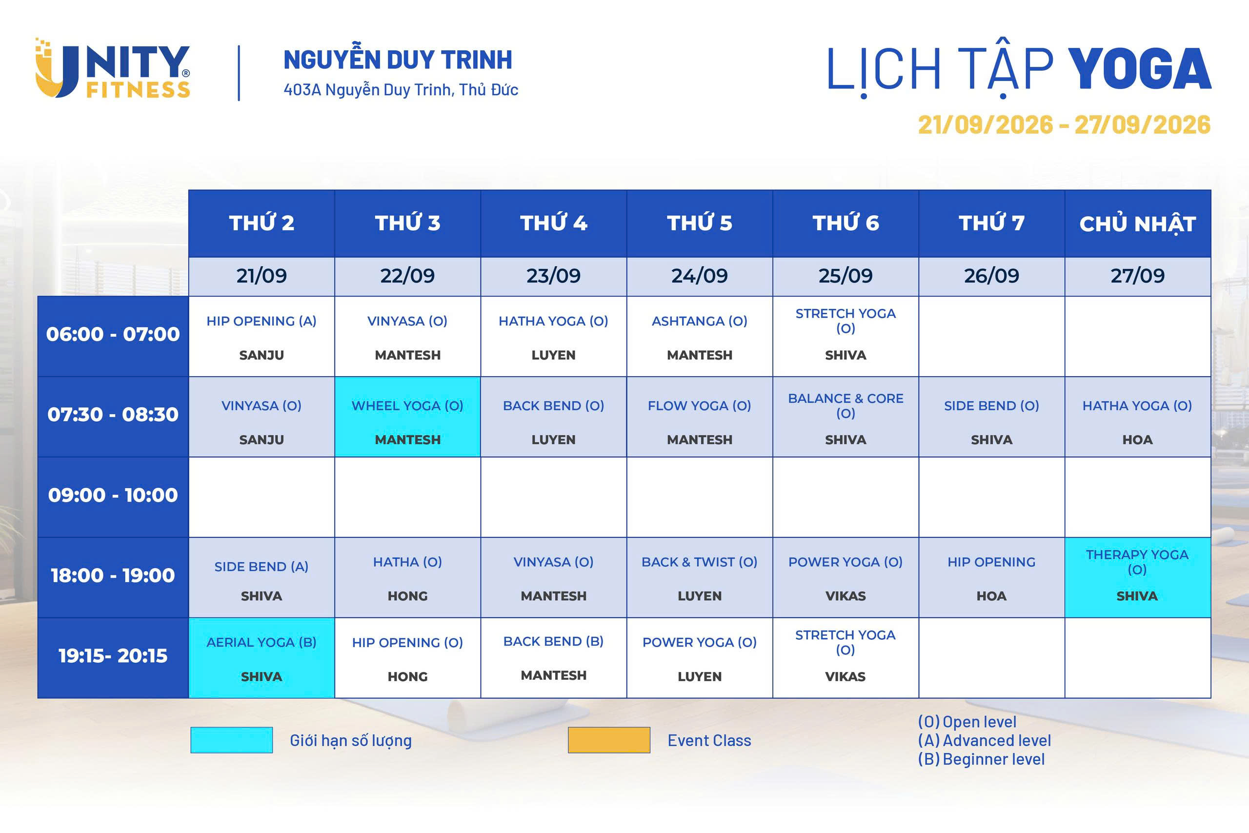 Lịch tập Yoga - Unity Fitness 403 Nguyễn Duy Trinh