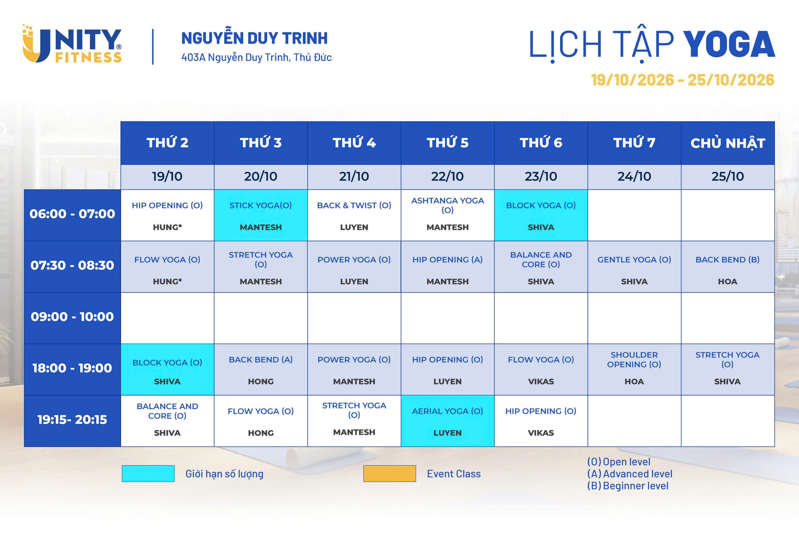 Lịch tập Yoga - Unity Fitness 403 Nguyễn Duy Trinh