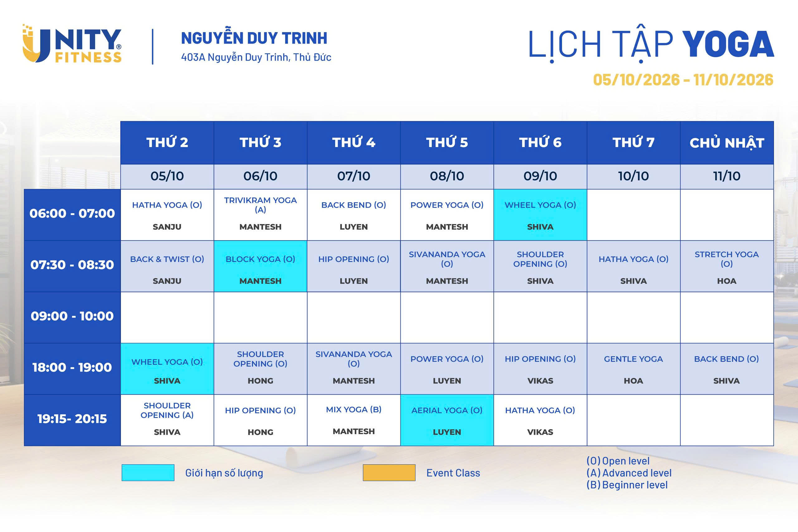 Lịch tập Yoga - Unity Fitness 403 Nguyễn Duy Trinh