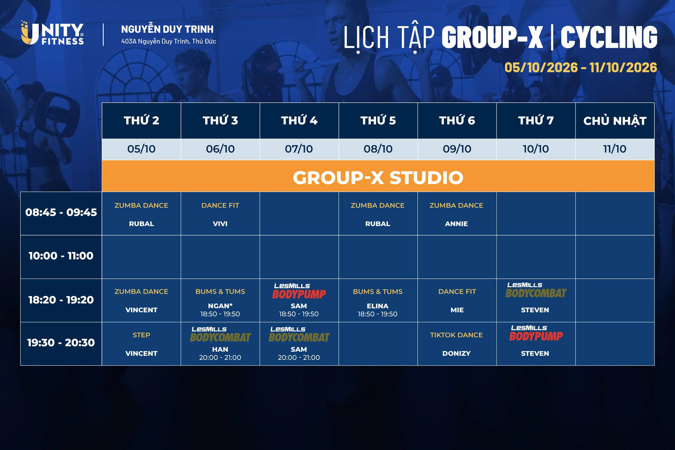Lịch tập GroupX & Cycling - Unity Fitness 403 Nguyễn Duy Trinh