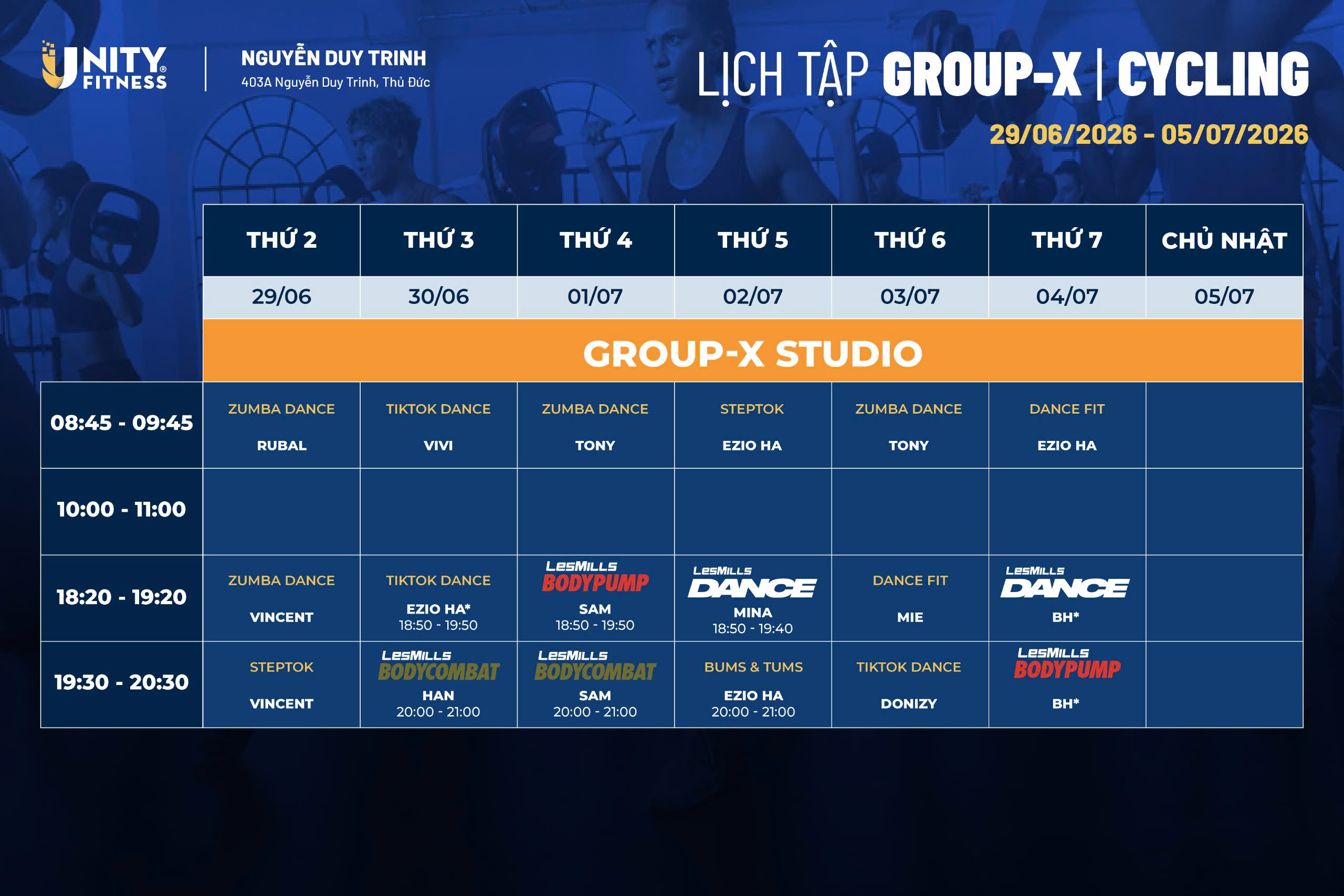 Lịch tập GroupX & Cycling - Unity Fitness 403 Nguyễn Duy Trinh