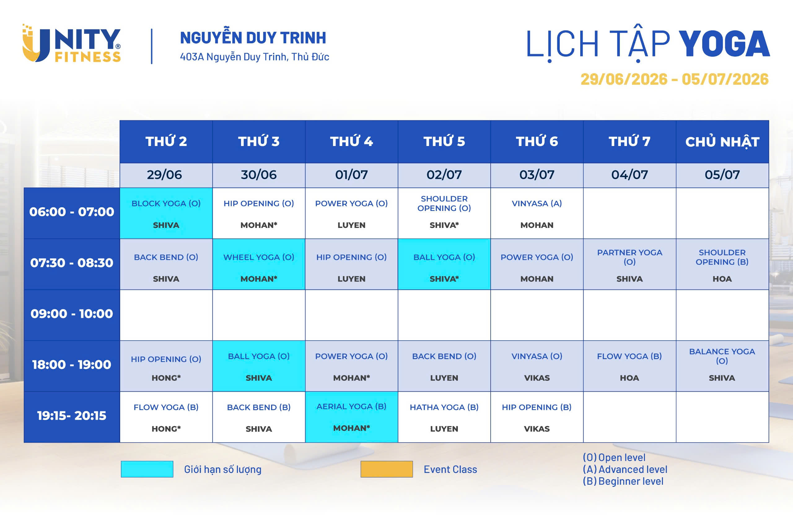 Lịch tập Yoga - Unity Fitness 403 Nguyễn Duy Trinh